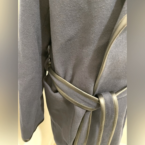 Elie Tahari Faux Leather-Trimmed Cashmere Wool Blend Wrap Coat Navy XL Womens - Picture 8 of 15